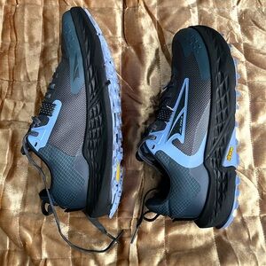 Altra blue/gray Timp 5 Trail Running shoes with Vibram grip soles.